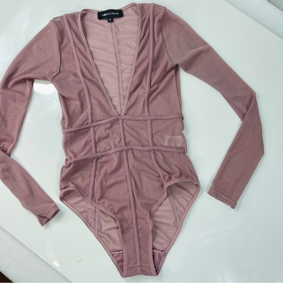 HONEYBUM bodysuit LONG SLEEVES sheer lightweight mesh like V neck mauve pink S - Picture 11 of 11